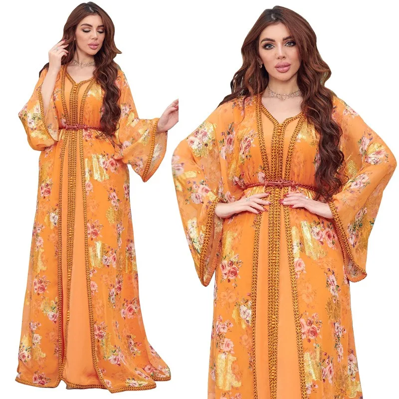 Women's Two-Piece Set Dress Muslim Chiffon Printing Gilded Robe abaya femme  prom dress  hijab dress  prom