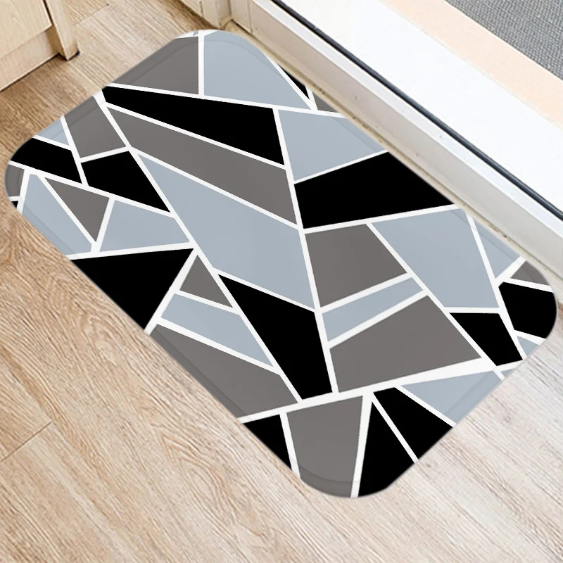 

Grey Blue Geometric Pattern Bath Kitchen Entrance Door Mat Coral Velvet Carpet Doormat Indoor Floor Mats Non-Slip Rug Home Decor