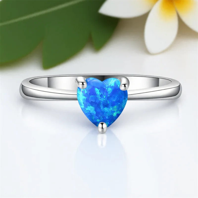 Blue Fire Opal Love Heart Stone Rings For Women Vintage Silver Color Engagement Promise Bands Wedding Jewelry Mother's Day Gifts