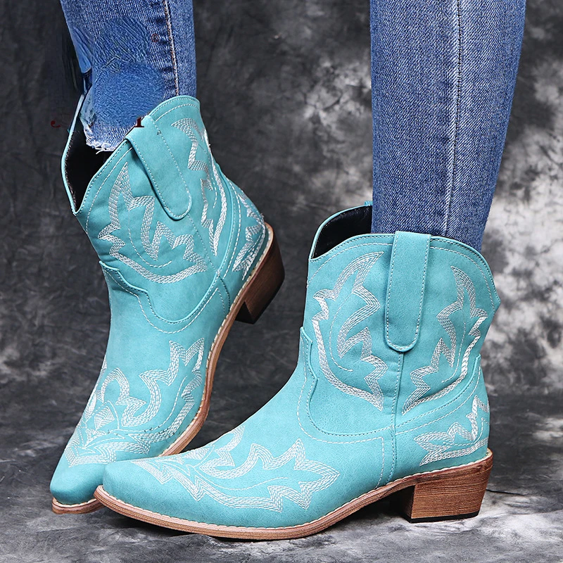 botas mujer Faux Leather Cowboy Ankle Boots for Women Wedge High Heel Boots Snake Print Western Cowgirl Boots