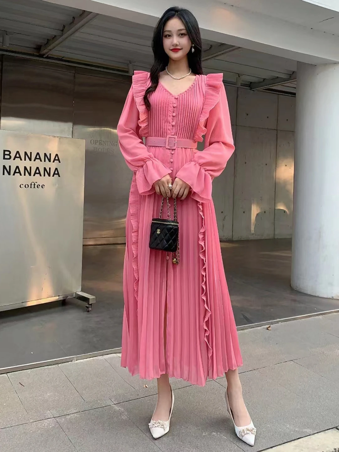 2024 New Spring Autumn Women V-Neck Long Sleeve Belt Slim