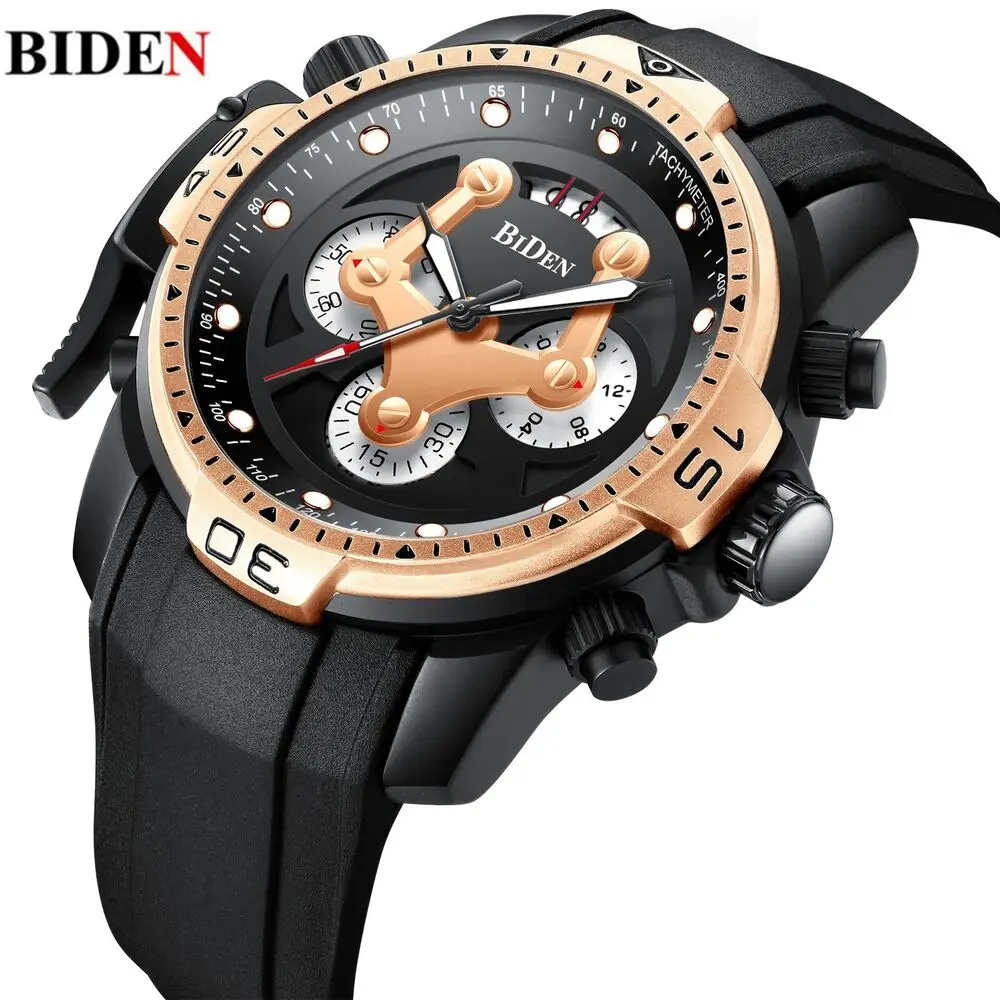 

Luxury BIDEN Brand New Arrival Men's Sports Quartz Movement Multi Dial Watch Waterproof Date Chronograph Black Silicone Strap