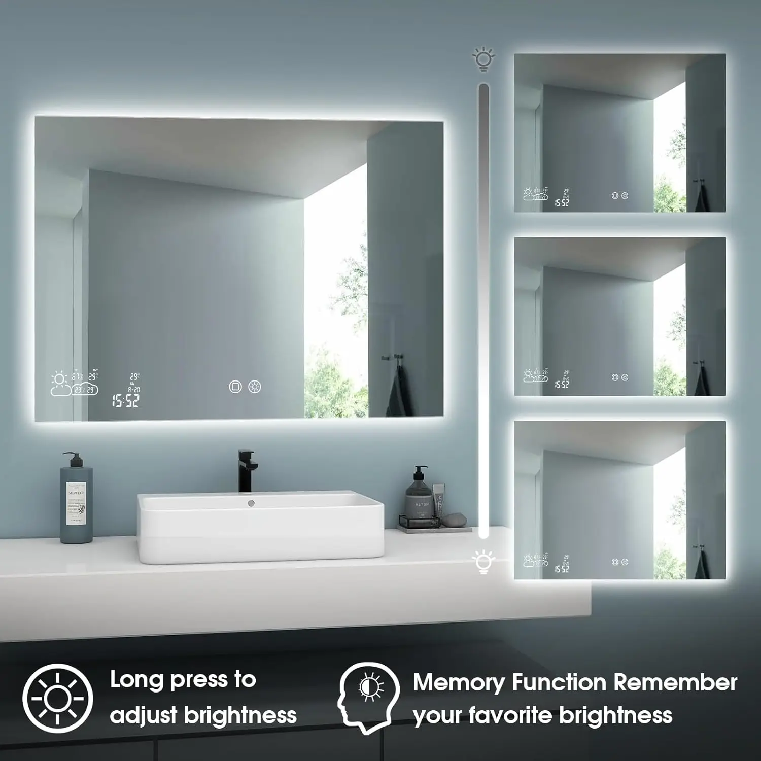 Smart Bathroom Mirror with Bluetooth 24&rdquo;X 40&rdquo; WiFi Enabled Weather Display Fog Free Backlit Frameless Brightness Adjust Memory