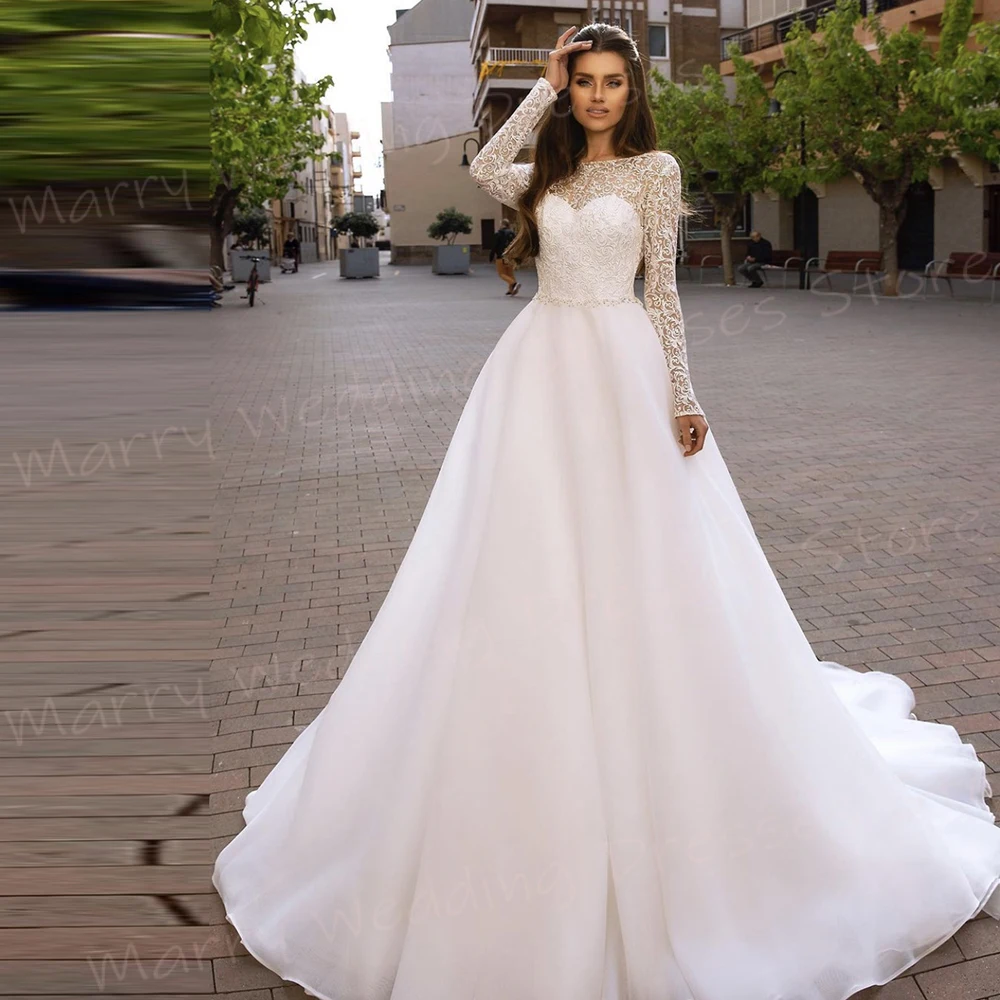 Fashionable Simple A Line Women's Wedding Dresses Charming Lace Appliques Bride Gowns Generous O Neck Long Sleeve Robe De Mari&eacute;e