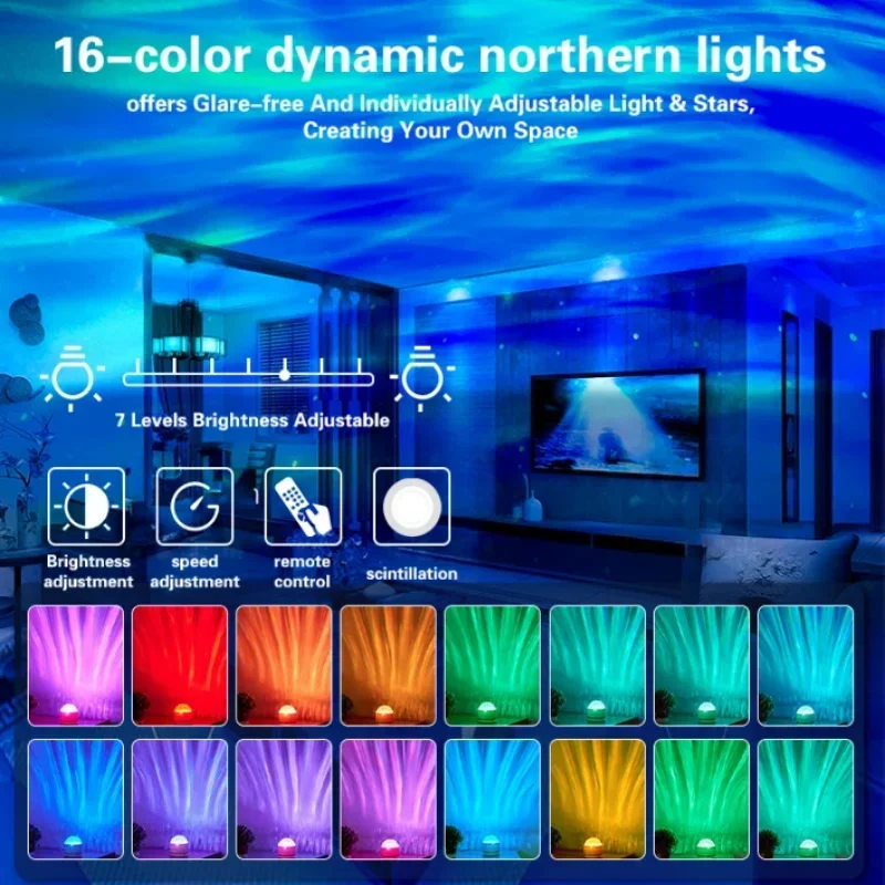 LED Projector Night Light Northern Aurora Water Ripple Starburst Starlit Sky Remote Control USB Atmosphere Lamp Room Decor