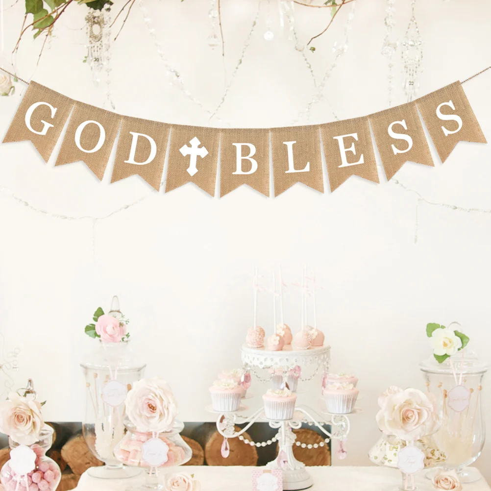 

Banner Communion Party God Bless Baptism Christening Garland Burlap Rustic Bunting