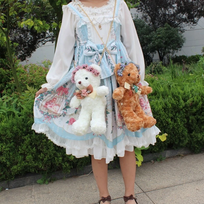 Bear Bag Chain Backpack for Doll Crossbody Handbag with Rose Headwea