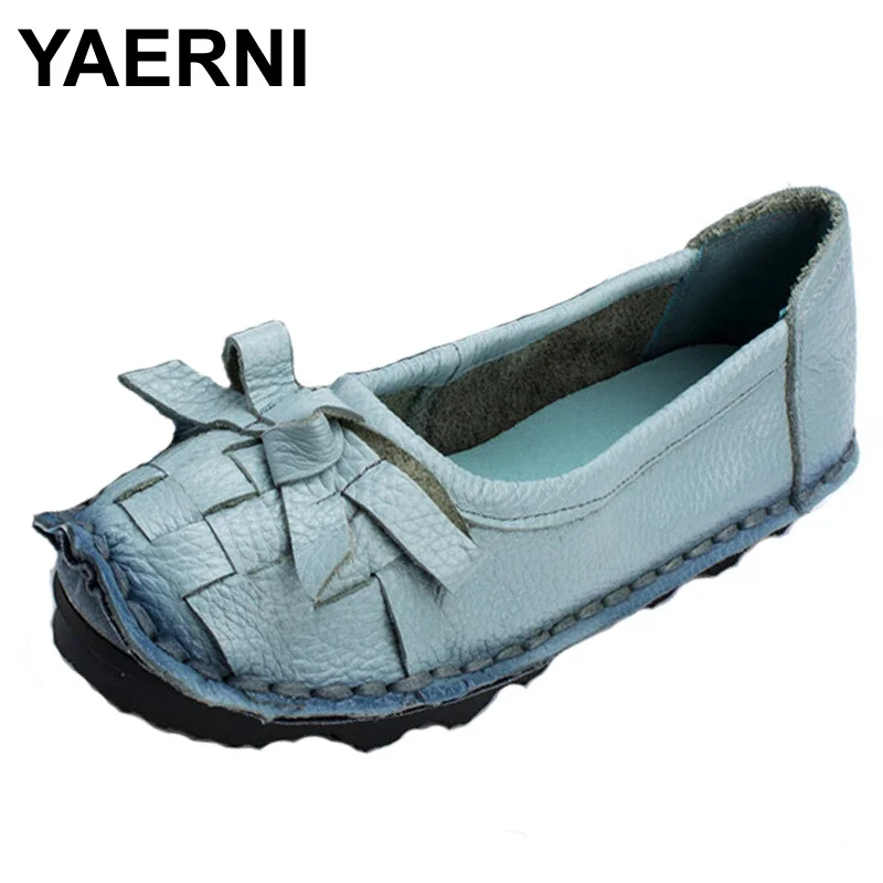

YAERNI Autumn New Handmade Women Leather Shoes Bow National Style Retro Comfort Soft Cowhide Flat Shoes zapatos mujer