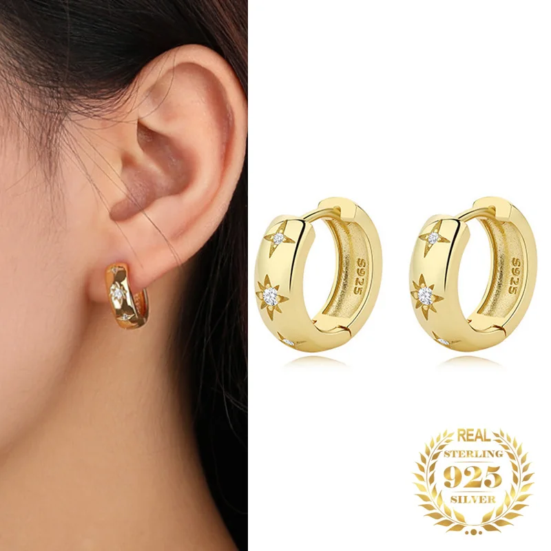 

925 Sterling Silver Heavy Industry Zircon Moon Stars Dainty Huggie Hoop Earrings for Women Buckle Fashion Fine Jewelry Vintage
