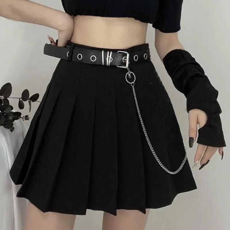 

Punk Mini Skirt With Chain Belt Rock Girl Cheerleading Belted Pleated Skirt Alt Women Egirl Y2K Outfit