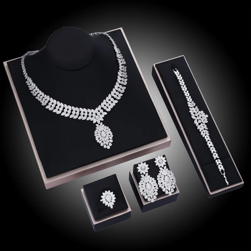 

Nigeria Bridal Zirconia For Women Party Luxury Dubai Necklace Bracelet Earringa Rings CZ Crystal Wedding Jewelry Sets