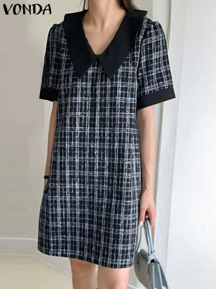 

VONDA Elegant Office Dress Plaid Mini Dress Women Bohemian Short Sleeve Vestidos 2023 Summer Robe Casual Streetwear Sundress