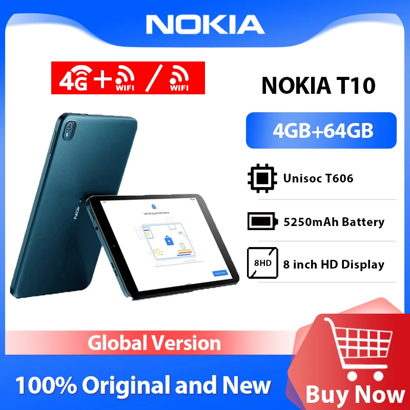 Global Version Nokia T10 Tablet PC 4GB RAM 64GB ROM 4G WiFi Unisoc T606 Processor 8.0 inch Display 5250mAh 8MP Camera Android 12 global version nokia t21 voice call tablet pc 4gb ram 128gb rom 4g wifi nfc unisoc t612 10 36 inch 8200mah 8mp camera android 12