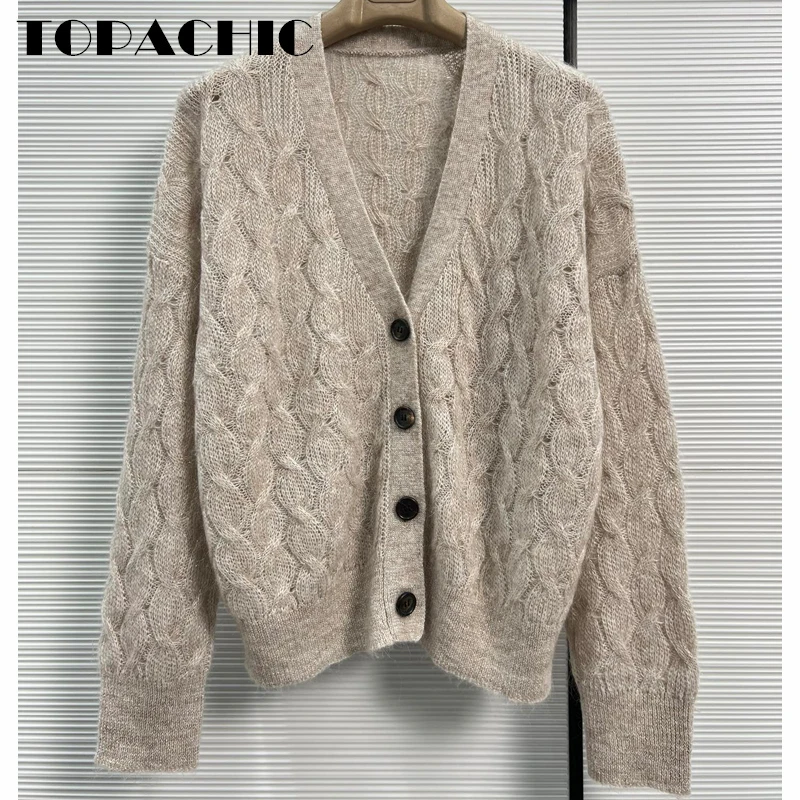 

10.16 TOPACHIC Women's Temperament Solid Color V-Neck Single Breasted Mohair Twist Knitted Cardigan Sweater