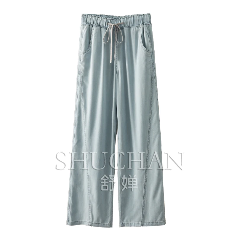 

100% Lyocell Elastic Waist Tencel Denim Straight Wide Leg Sickle Pants Women Softener Pantalones Vaqueros Mujer