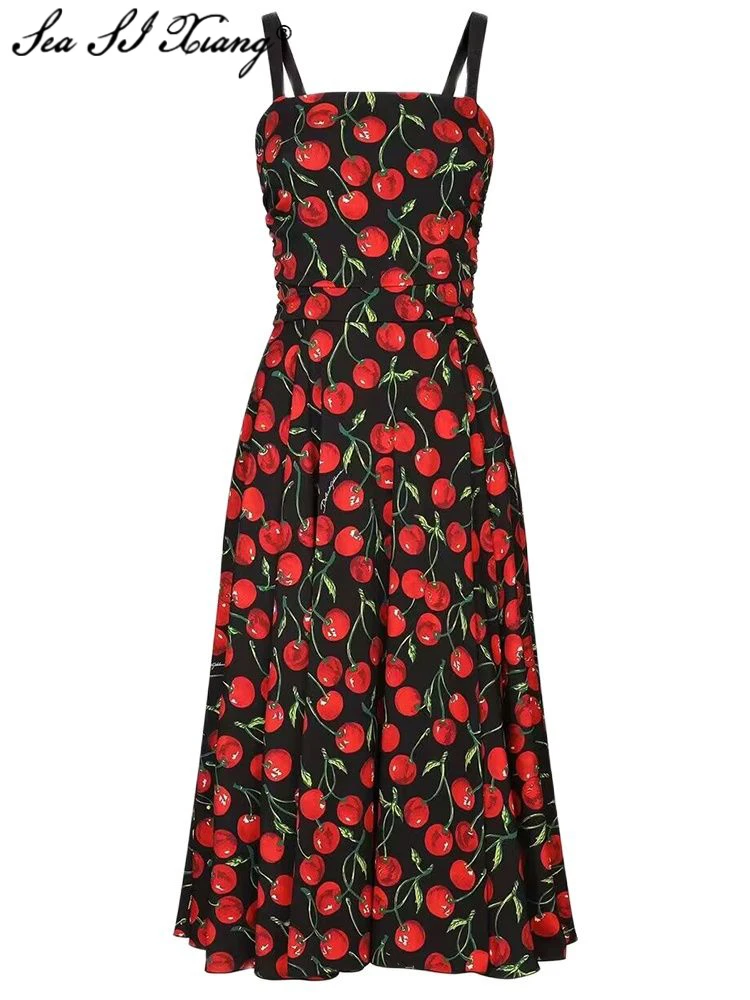 

Seasixiang Fashion Designer Early Autumn 100% Silk Dress Women Spaghetti Strap Cherry Print Folds Elegant Party Backless Dress