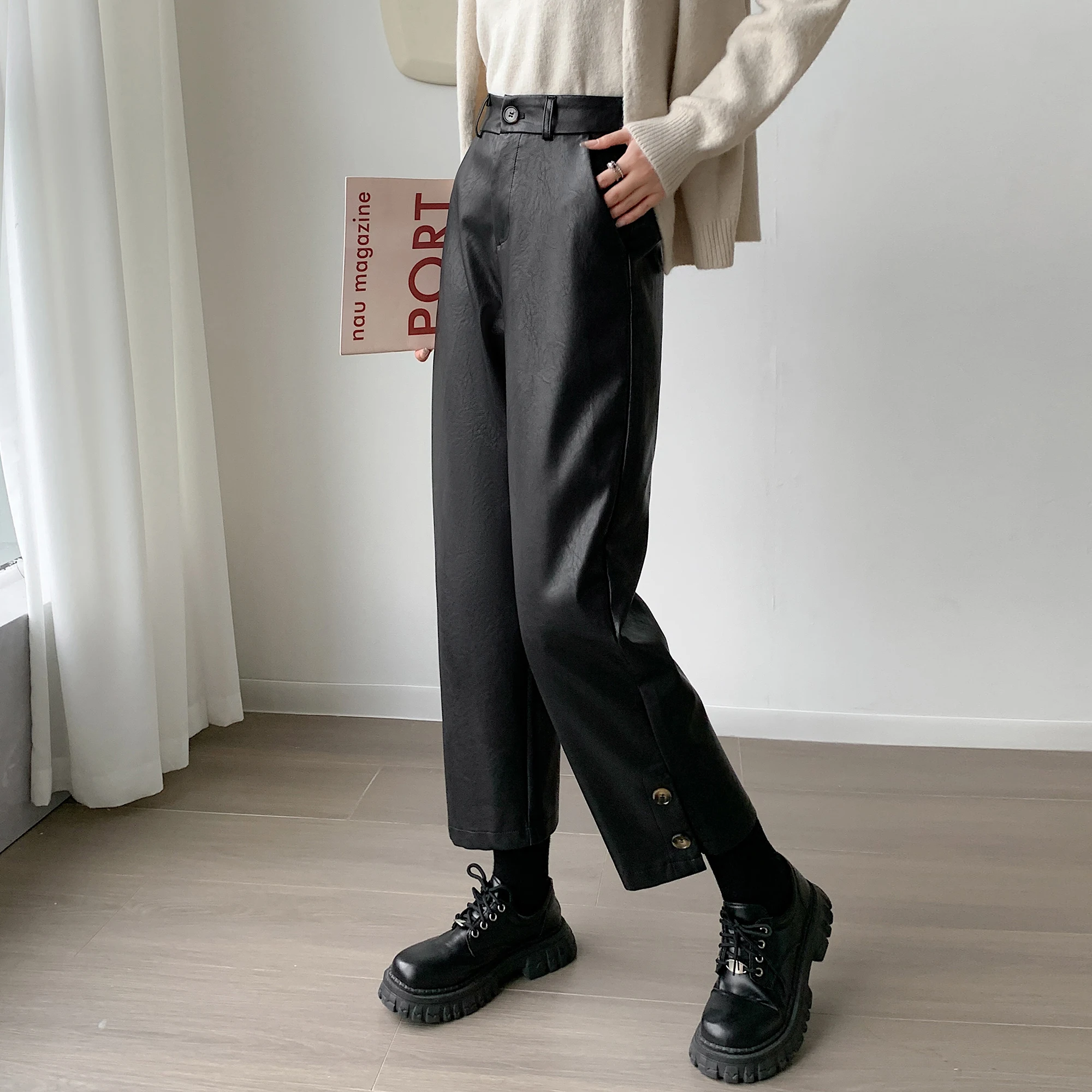 

Black PU leather pants traf official store Women's nine-point boot pants High-waisted suit pants Women's casual pants
