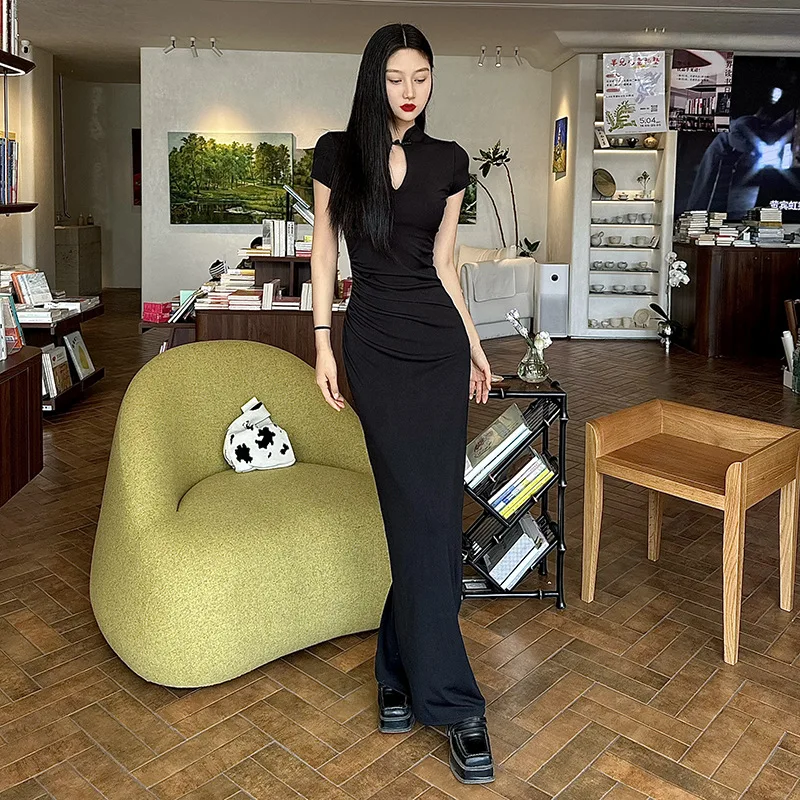 Solid Button Hollow Out Slit Bodycon Short Sleeve Women'S Dresses Long Streetwear Casual Outfit Summer Fashion