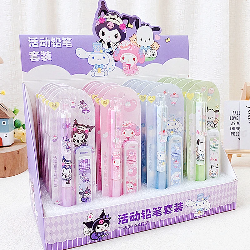 4Pcs/Set Writing Pencils Set Sanrio Melody Kuromi Cinnamoroll Pochacco Mechanical 0.5mm Press Office Students Stationery Kids Gifts