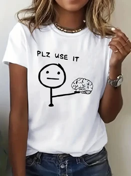 Funny T-shirt Humorous "PLZ USE IT"  Brain Print Short Sleeve T Shirt Clothing Top Tee Summer Ladies Girls Shirt 1