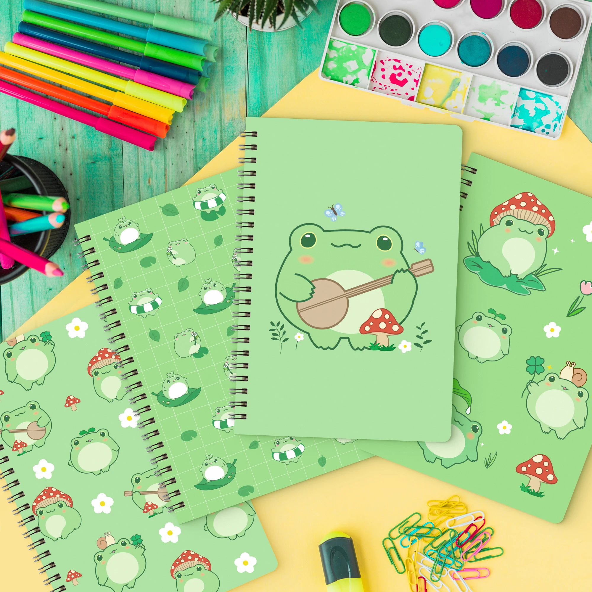 Notebook 4-piece set A5 Gift box Stationery back-to-school gift Writing Notepad Green inner cover eye protection coil This frog 6