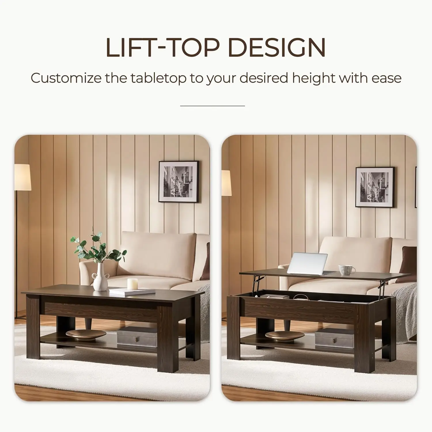 Lift Top Coffee Table with Hidden Compartment and Storage Shelf, Rising Tabletop Dining Table for Living Room Reception Room 4