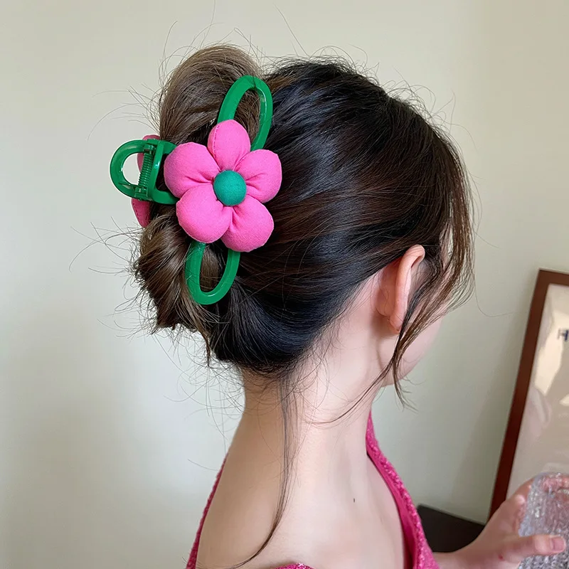 Pink Flower Green Hair Claws for Women Elegant Large Shark Clip Temperament Girl Hair Accessories Korean Summer Headwear 2024