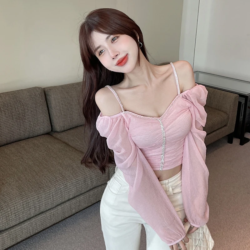 

Y2K Handmade Diamond Chiffon Shirt for Women Korean Fold Design V-Neck Slim Long Sleeve Top Versatile Strapless Female Shirt