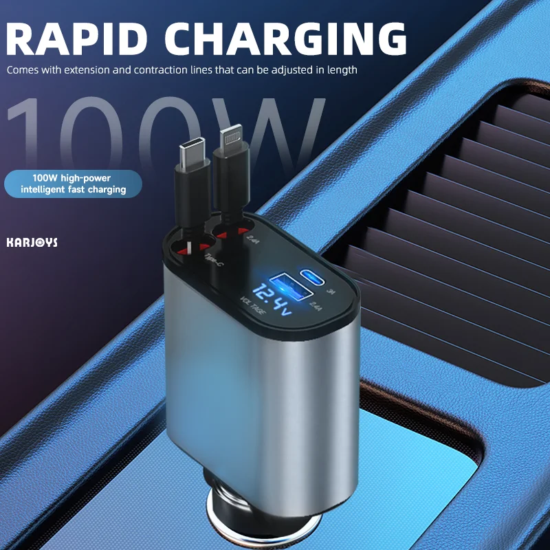 

Retractable Car Charger 4 in 1, Fast Car Phone Charger with Cord 2.6ft, Compatible with iPhone 15/15 Pro Max/14/13/12/11