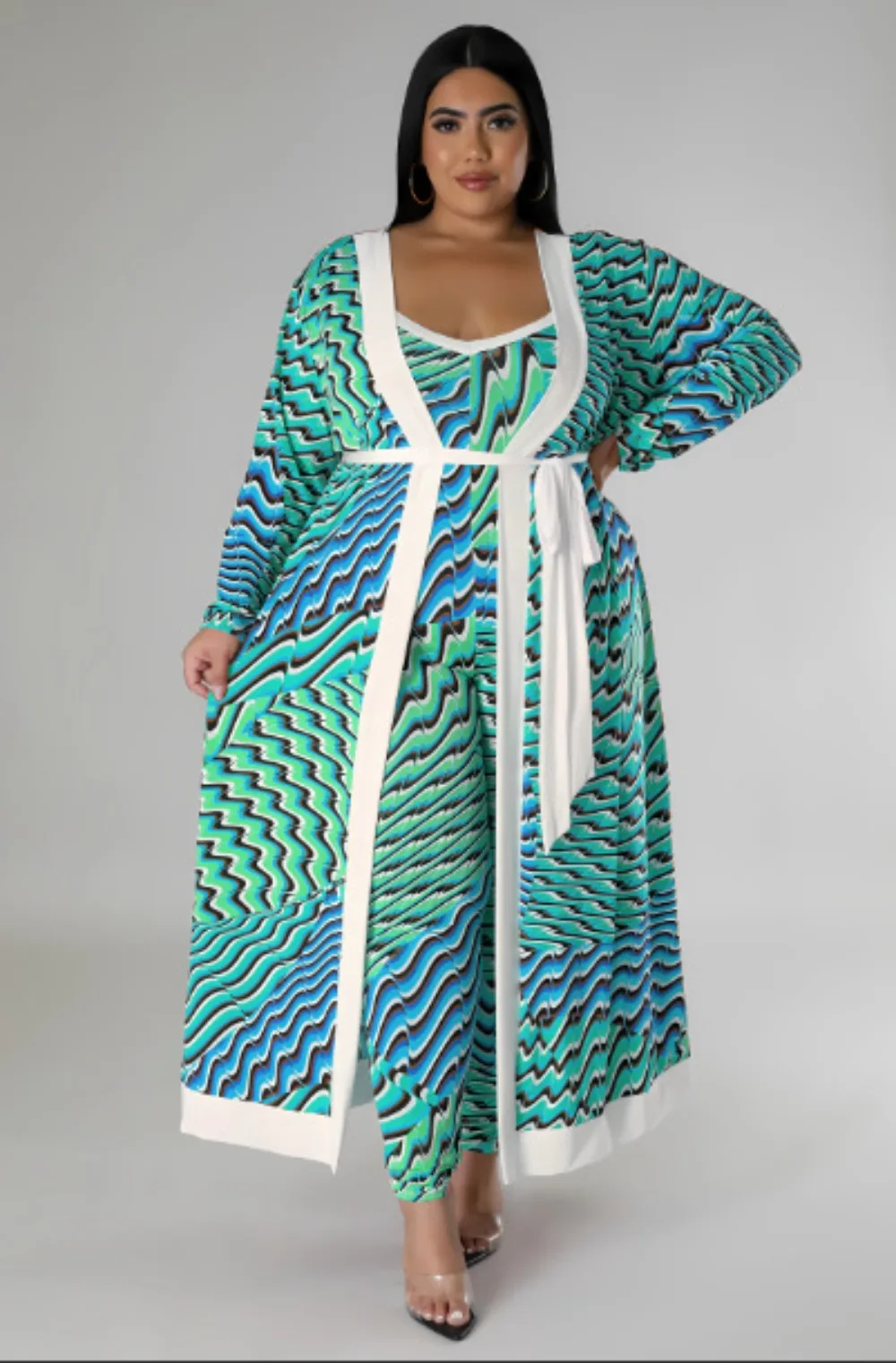 

Plus Size Women's Set XL-5XL Open Long Sleeve Cardigan + Jumpsuit Suit 2023 Two Piece Set Outfit Tracksuits Streetwear Clothings