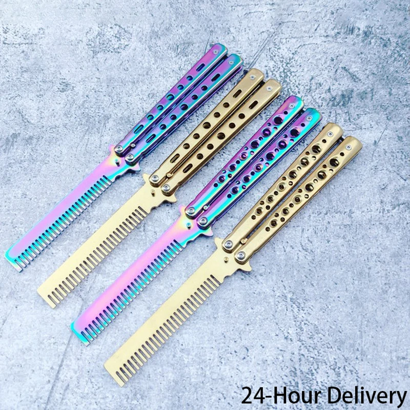 Foldable Comb Stainless Steel Practice Training Butterfly Knife Comb Beard Moustache Brushe Salon Hairdressing Hair Styling Tool