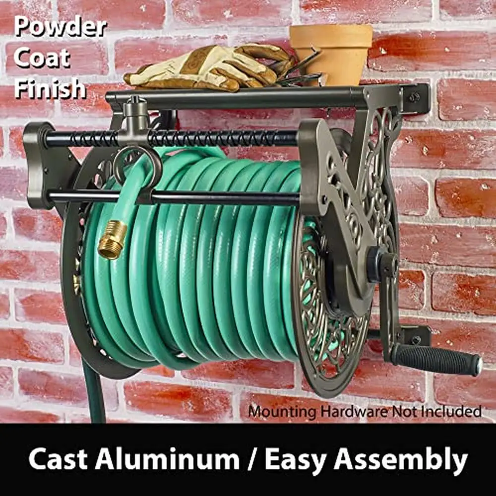 Decorative Aluminum Hose Reel Wall Mount 125ft Capacity Garden Tool Organizer Shelf Leader Hose