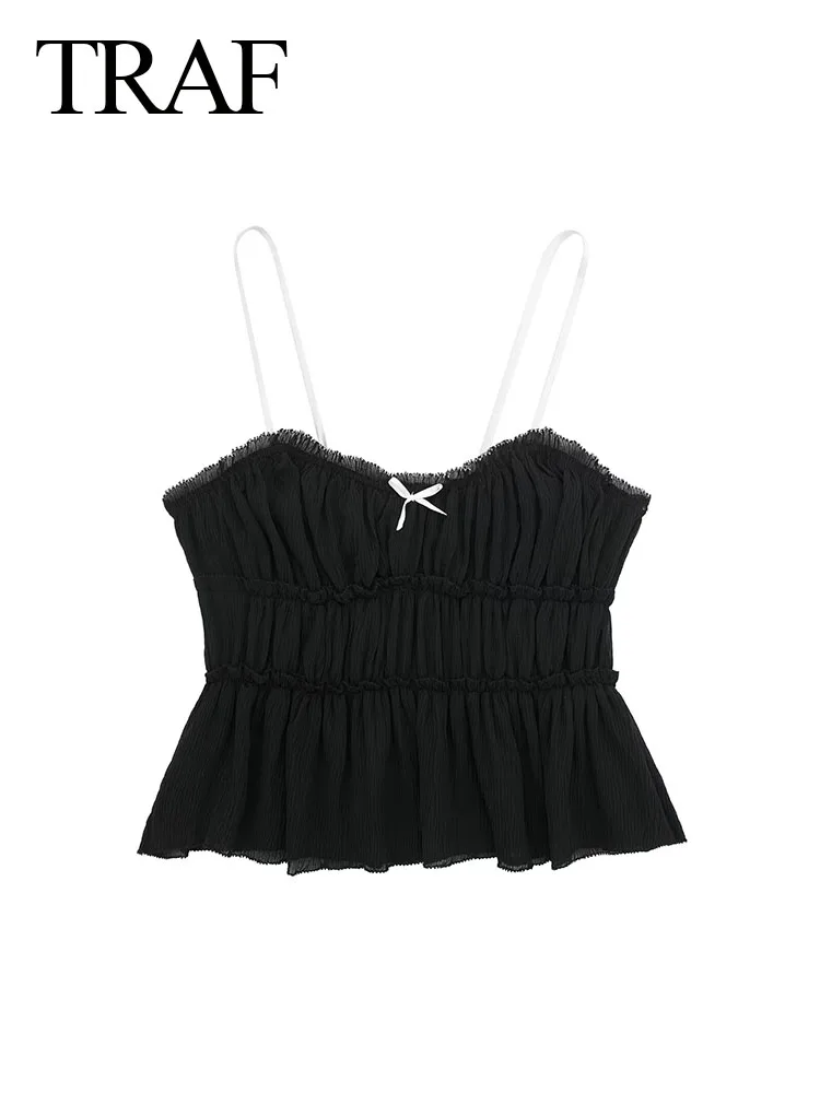 

TRAF Woman's New Fashion Sexy Tops Black Square Collar Sleeveless Backless Bow Decorate Summer Short Tops Woman 2024 Trendy