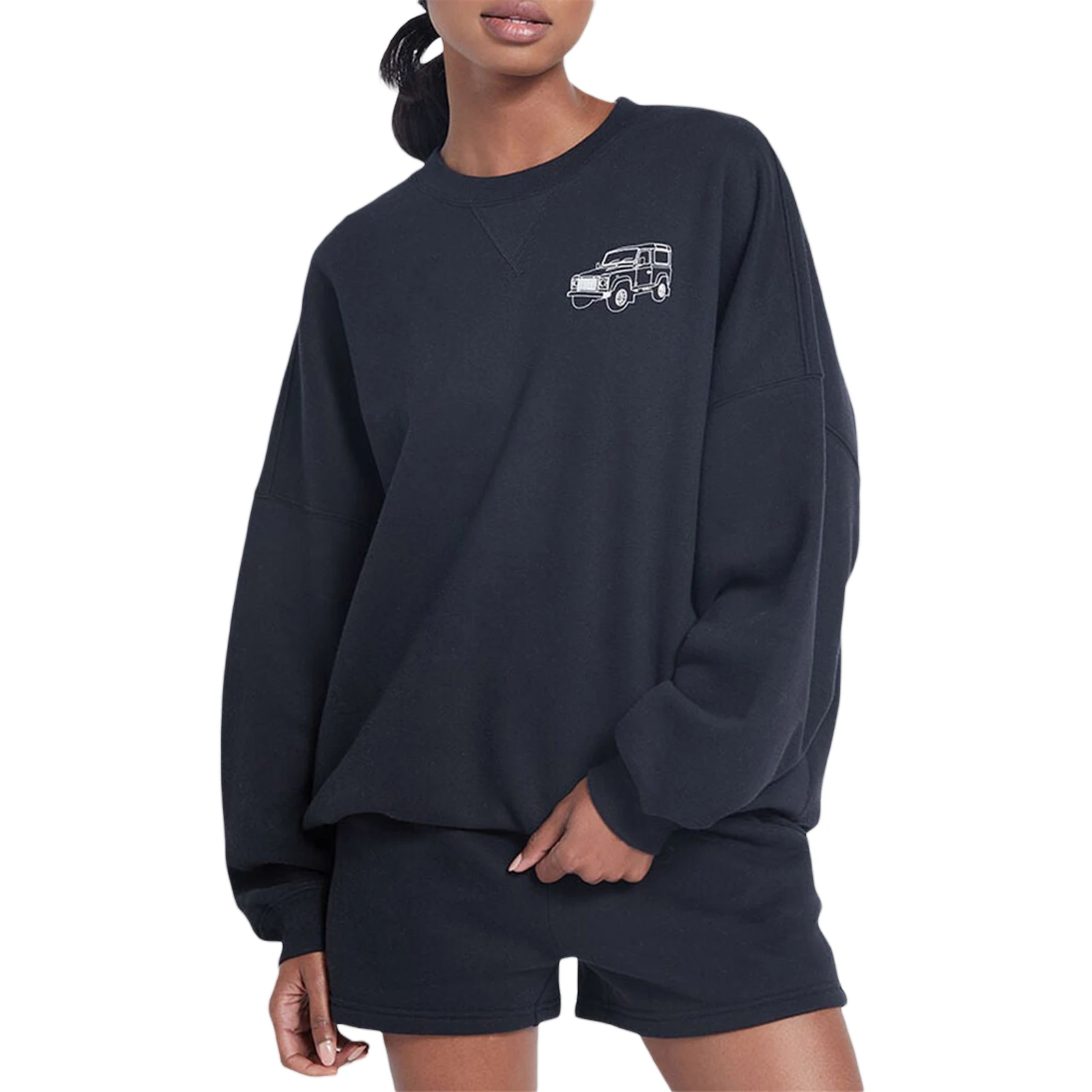 

Женский весенний комплект из 2 предметов, толстовка с длинным рукавом и принтом автомобиля из мультфильма + свободные шорты с эластичным поясом, спортивная одежда