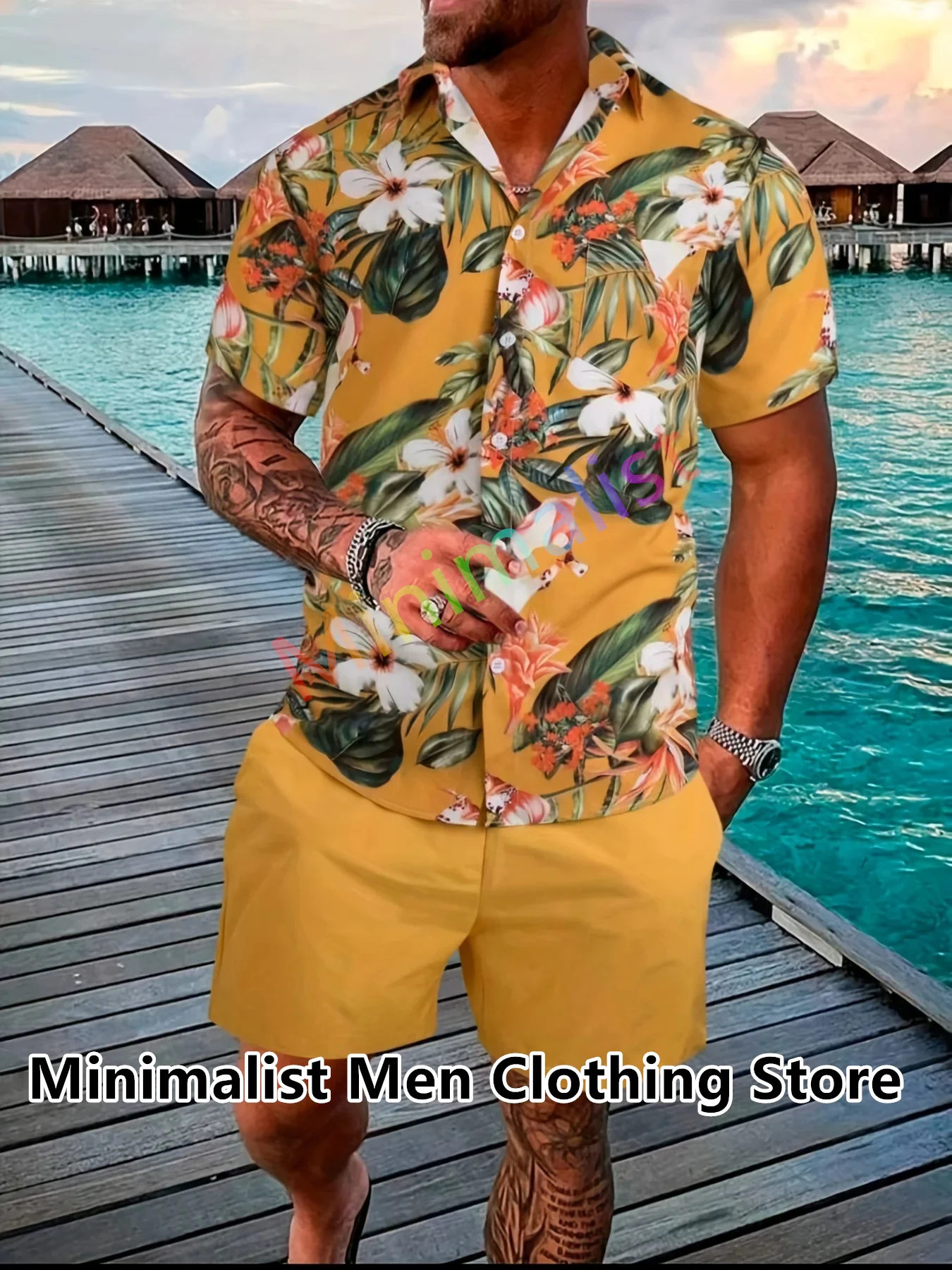 2024 Men's Sportswear 2 Piece Casual Beach Style Polo Shirt Short Sleeve Button Up T-shirt and Shorts Casual Men's Shirt Suit