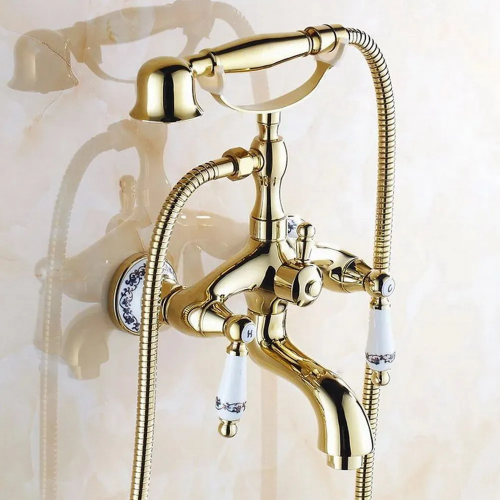 

Polished Luxury Gold Color Brass Wall Mount Bathroom Tub Faucet Set WITH/ 1.5M Handheld Shower Spray Head Mixer Tap Dtf411