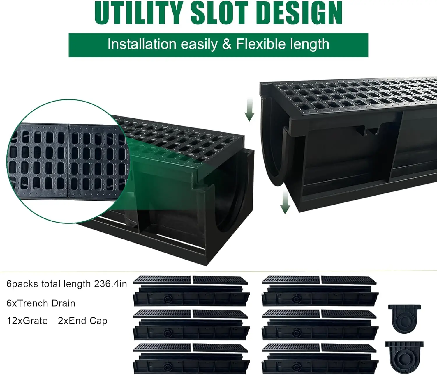 NEW-39.4Lx6.1Wx5.5H in. Channel Drain with Grates,6 Pack Total Length 236.22 in, Plastic Yard Drainage System
