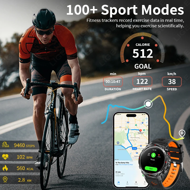 LIGE GPS Sports Waterproof Smart Watch Men 1.46“HD Full Touch Screen 500mAh Battery Flashlight Compass Bluetooth Call Smartwatch