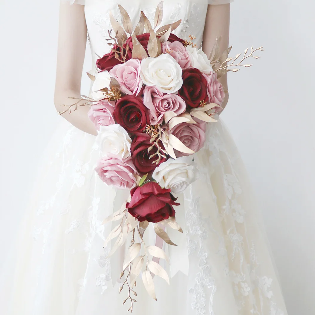 

SoAlye Wine Red Rose Wedding Flowers Bridal Bouquet Simulation Water Drop Wedding Decoration Waterfall Holding Flower