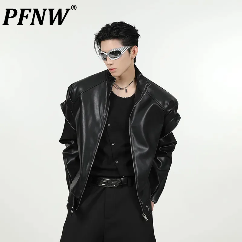 

PFNW Men's Niche Deconstruction Splicing Design High Sense Stand Collar PU Leather Jacket Autumn Winter New Loose Fit 12Z4860