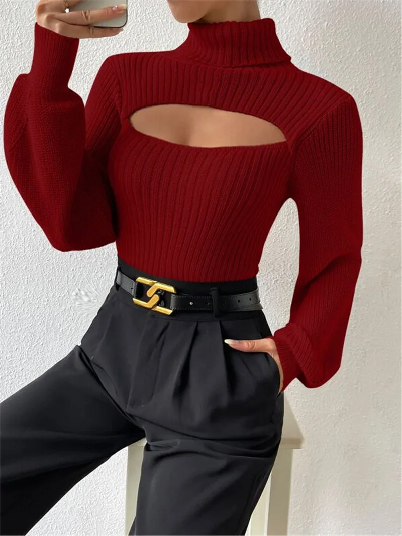 Hollow Out Knit Sweater Pullover For Women Turtleneck Fashion Ribbed High Street Long Sleeve Knitwear Loose Sweater Female