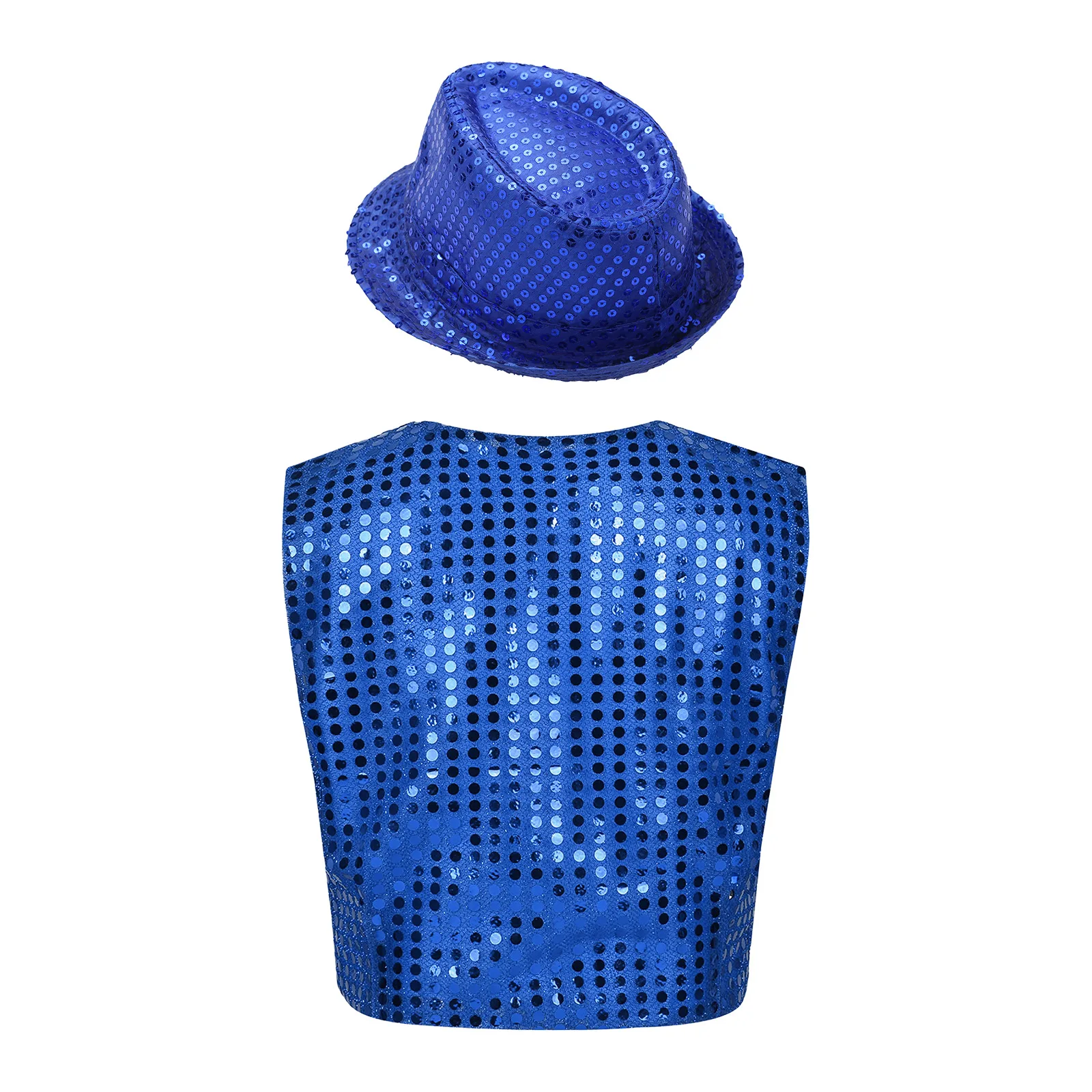 Girls Boys Sequins Jazz Vests Outfits Glittery Sleeveless Waistcoat+Hat Set for Hip Hop Jazz Performance Street Dance Costume