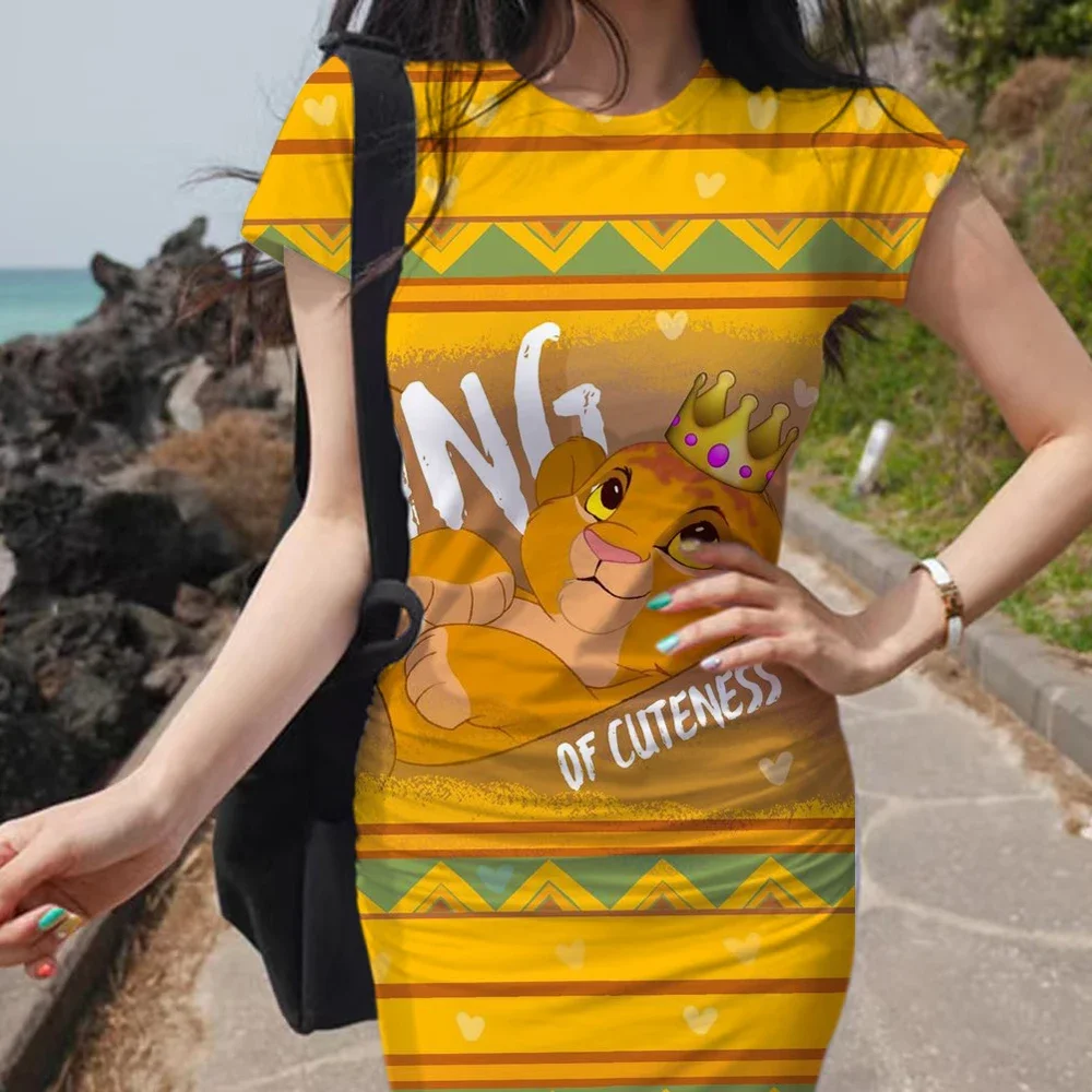 Disney Brand Summer Women'S New Coreano Temperament Lion King Print Dress Sezione A Maniche Corte In Vita Stretto Sexy Bag Hip Dress