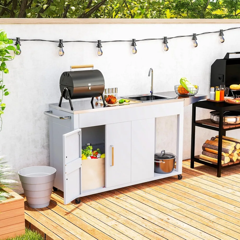 Outdoor Grill Table with Stainless Steel Sink and Drainage, Grill Cart with Foldable Side Table and Cabinet 2