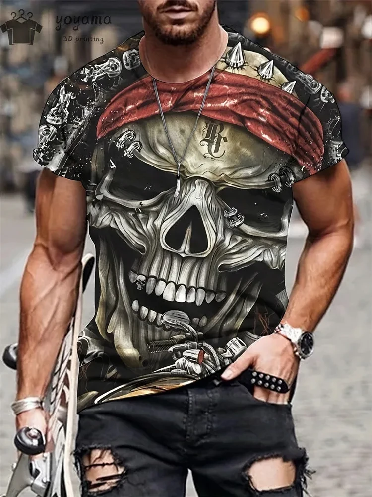 Mens Oversized 3D Skull Print T-Shirt - Summer Horror Fashion Tee