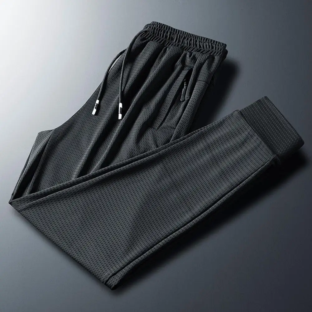 

Korean Style Long Pants Men Casual Trousers Drawstring Zipper Pockets Loose Jogger Sweatpants Breathable Mesh Sport Pants