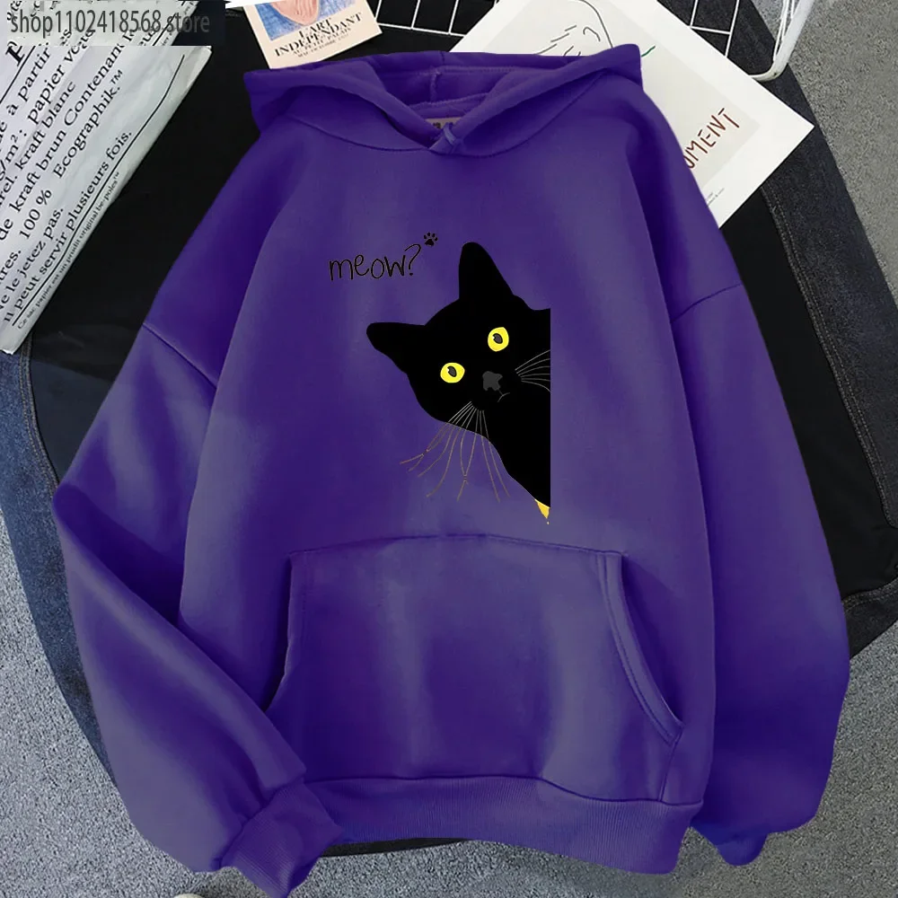Meow Black Cat Hoodies Funny Printing Sweatshirts Men Autumn Winter Clothes Kawaii Cute Tops Kpop Streetwear Women Sudadera Coat