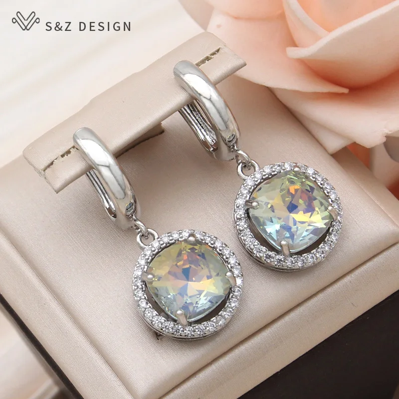 S&Z DESIGN New Fashion Round Cubic Zirconia Square Crystal Dangle Earrings For Women 585 Rose Gold Color Wedding Party Jewelry