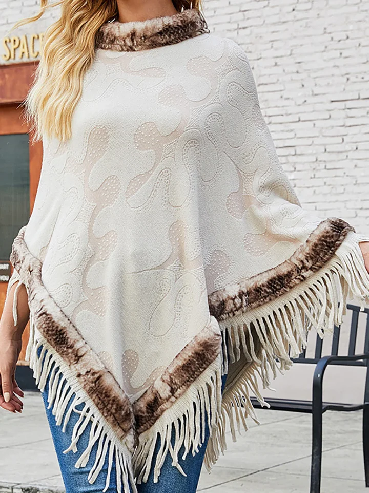 Fitshinling Winter Oversize Poncho Women Clothing Boho Fringe Fur Collar  Cape Femme Fashion Batwing Sleeve Knitted Shawl Sweater - AliExpress