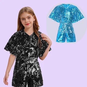 2025 Girls Sparkling Sequins Unitards Jumpsuit Cap Sleeve Bodysuit Childs Birthday Party Jazz Hip Hop Stage Performance Costume 1